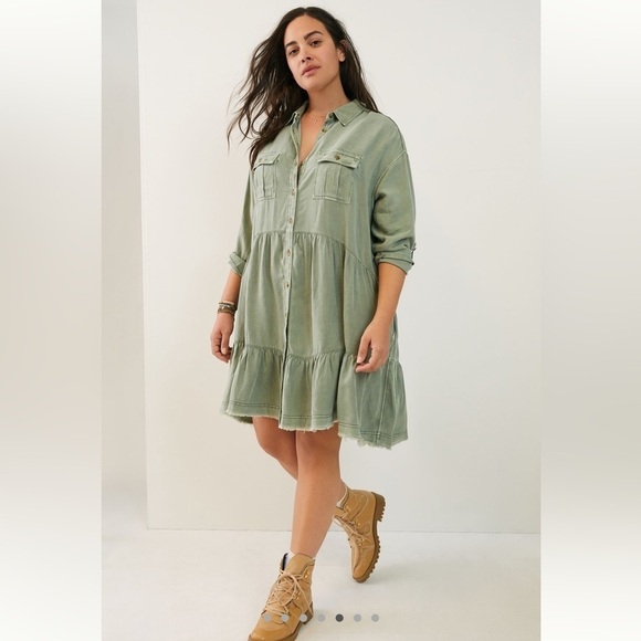 Pilcro Deanne Tiered Mini Shirtdress, moss color, size S - Picture 1 of 9